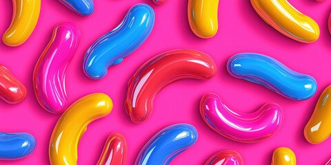 Vibrant multicolored glossy shapes on pink background: playful, bright, glossy art design
