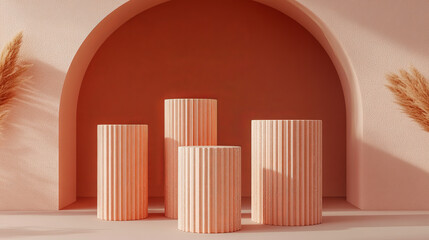Obraz premium A sleek 3D rendering displaying four peach-colored cylindrical podiums with a subtle grooved texture, set against a peach-toned arch background. 