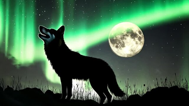Silhouette of a wolf howling at the moon with a green aurora borealis in the background.