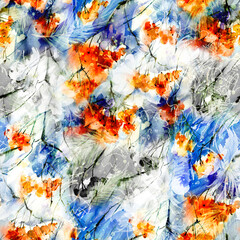 Seamless vintage pattern, flowers, Plant in watercolor. cedar branch, spruce, pine. Fashionable background. Abstract splash of paint.viburnum, rowan and elder branches. fashion illustration. 