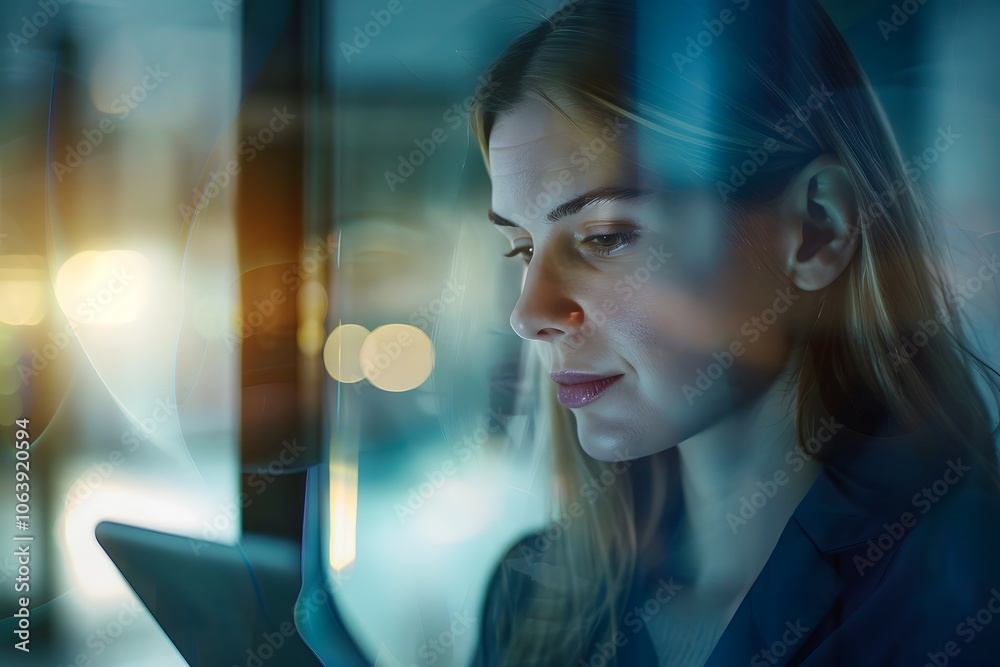 Poster professional woman using mobile device in modern setting