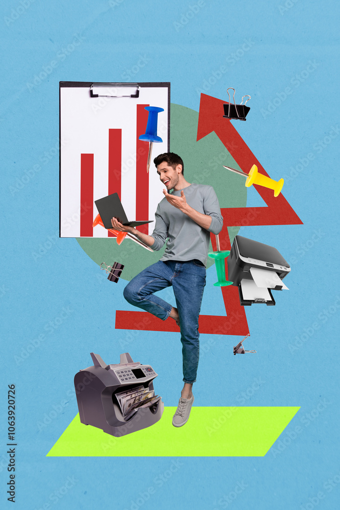 Aufkleber composite trend artwork sketch image collage of trader arrow office busy young man stand work laptop