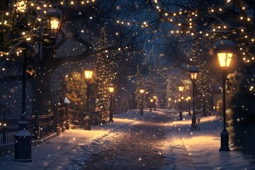 Snowy street lit up with lights at night. winter background
