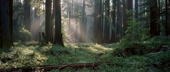 Obraz premium Rays of sunlight filter through towering forest trees, illuminating the lush undergrowth and creating a mystical, serene woodland atmosphere.