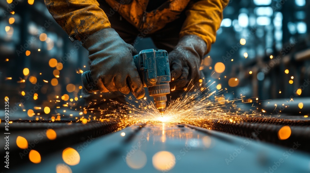 Aufkleber a worker in protective gloves operates a power drill, generating bright sparks as they engage in met