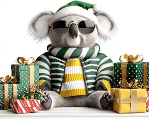 Cute koala wearing a Christmas hat and sunglasses.
