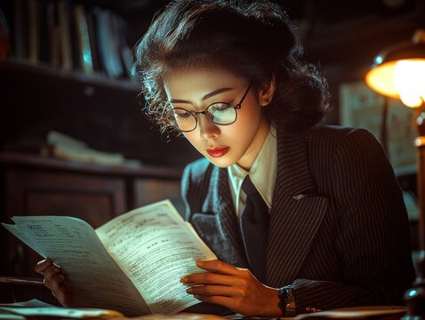 Asian woman glasses wears business suit concentrating contract details her desk illuminated lamp warm inviting atmosphere night.