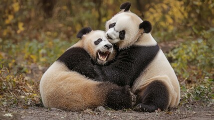 Naklejka premium Two adorable pandas hugging in a playful embrace amidst a backdrop of autumn leaves.