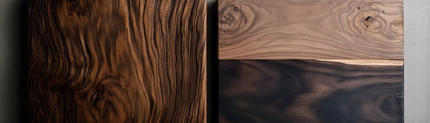 Two Wooden Panels with Unique Grain Patterns and a Dark Stain