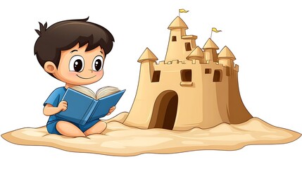 Curious Child Reading Book by Sand Castle