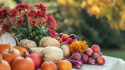 A bountiful harvest of fall fruits and vegetables on a white tablecloth with red flowers.