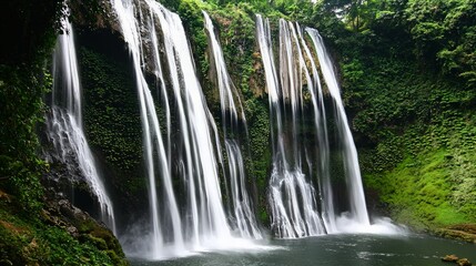 Obraz premium A cascading waterfall flows down a rocky cliff face into a pool of water.