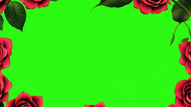 Red rose animation frame on green screen background. Romantic design of roses flowers green screen for love frame. Valentine's Day chroma key. Copy space