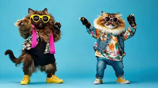 Two cats dressed in stylish clothes, sunglasses and sneakers are dancing against a blue background.