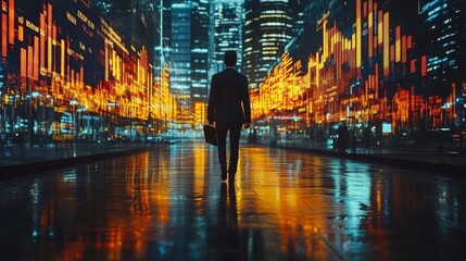 A lone businessman strides through a vibrant urban environment at night, where stunning skyscrapers glow alongside digital financial data projections, creating a lively atmosphere.