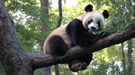 Fototapeta premium A giant panda sits on a branch, eating bamboo shoots in a lush forest.