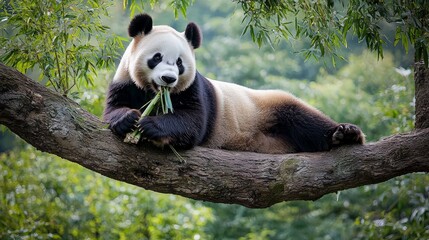 Obraz premium A giant panda, a black and white bear native to China, sits on a tree branch and chews on bamboo.