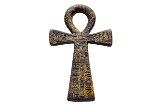 Ancient Egyptian ankh symbol with hieroglyphs, representing life and spirituality on a transparent background.