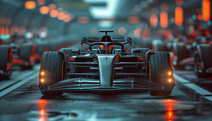 F1 motorsports racing cars lined up, ready for a race with black details. Front view