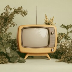 Vintage television surrounded by lush greenery with retro charm