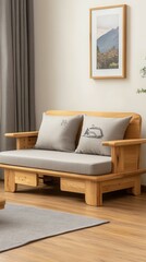 A wooden chair with two pillows and a picture on the wall. The chair is in a living room with a rug on the floor