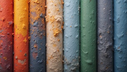 Fototapeta premium Fuzzy textures of colorful materials arranged vertically with natural imperfections and copy space