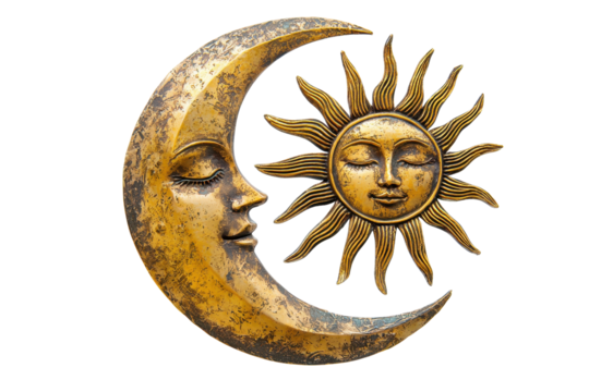 Artistic depiction of sun and moon with human faces, symbolizing balance and harmony in celestial artwork, isolated on transparent background.