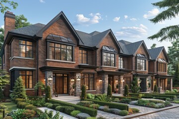 Elegant brick townhouses with landscaped gardens and manicured hedges.