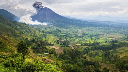 Naklejka premium A majestic volcano erupts in the distance, spewing ash and smoke into the sky. The surrounding landscape is lush and green, with rolling hills and valleys.