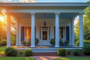 A charming porch with columns, welcoming sunlight and greenery, showcasing classic architecture.
