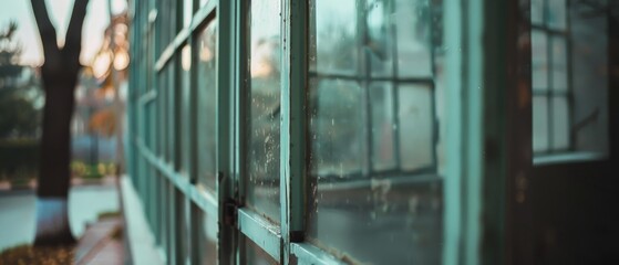 Sunlight touches the weathered teal window frames of a vintage building, softly illuminating the peeling paint and textured glass.
