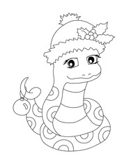 Outline of snake in a winter hat. Vector illustration on a white background
