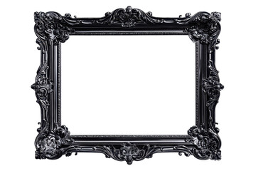 Elegant baroque-style black picture frame with intricate details, showcasing vintage charm and artistic sophistication against a transparent background.