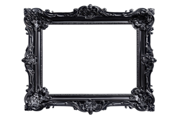 Elegant baroque-style black picture frame with intricate details, showcasing vintage charm and artistic sophistication against a transparent background.