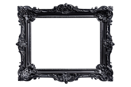 Elegant baroque-style black picture frame with intricate details, showcasing vintage charm and artistic sophistication against a transparent background.