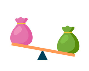 Money bags on the scales. Budget deficit. Vector simple color flat illustration.
