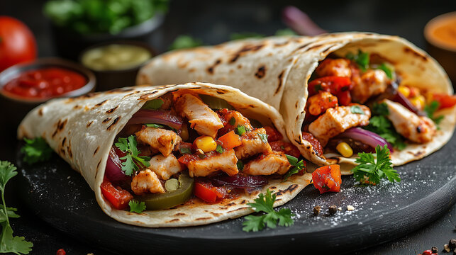 Tasty fajitas with grilled chicken and colorful vegetables on dark slate plate
