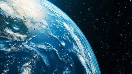 A stunning close-up of planet Earth with white clouds and a dark space background dotted with stars.