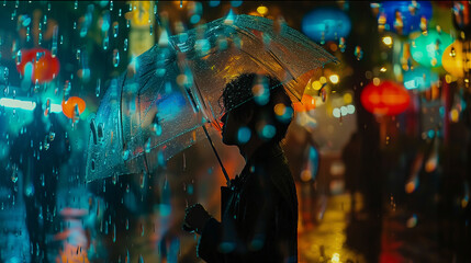 Mujer bajo la lluvia con paraguas transparente en ambiente otoñal