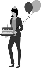 Woman Carrying Birthday Cake with Balloons
