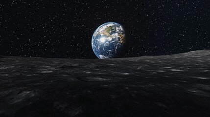 A view of Earth from the moon's surface, with a starry sky in the background.