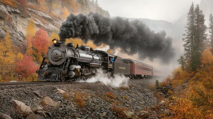 Obraz premium A vintage steam locomotive chugs through a mountainous landscape, billowing smoke against a backdrop of fall foliage.