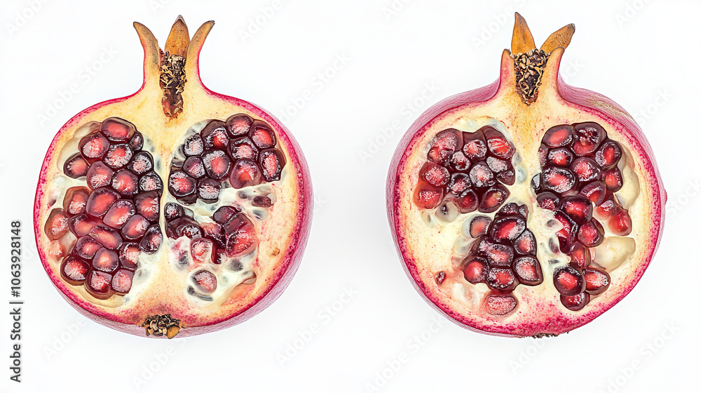 Wall mural a fresh, ripe pomegranate with one half cut open, isolated against a white background.