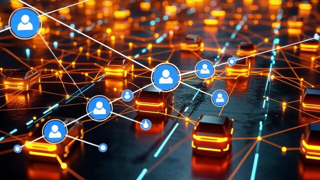 Autonomous vehicle data with glowing connections, featuring glowing data lines between autonomous vehicles, sensors, and control systems, 