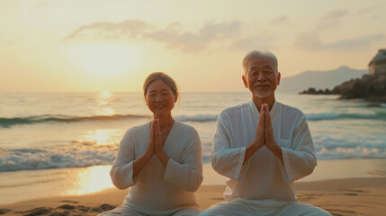 Elderly Asian couple in their 70s practicing yoga on a serene beach, their faces glowing with joy and tranquility, the ocean waves in the background and sunlight creating a soft golden glow