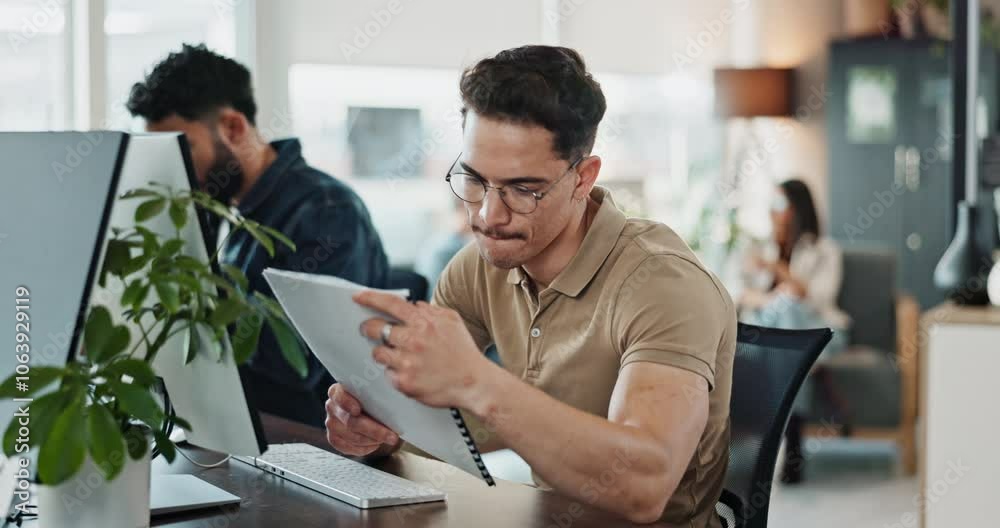 Fototapete Computer, documents and web development with man software engineer in office for coding or programming. PC, reading and typing with employee in workplace for online research or website infrastructure