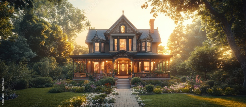 Wall mural A charming Victorian-style house surrounded by lush gardens at sunset.