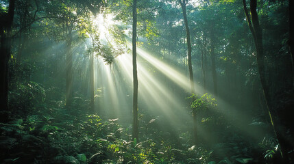 Fototapeta premium Sunlight streaming through trees in a dense green forest 