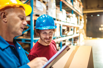 Supervisor and warehouse worker discussing logistics while checking inventory