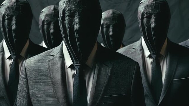 Group of businessmen wearing suits and covering their faces with nylon stockings standing close to each other in a line